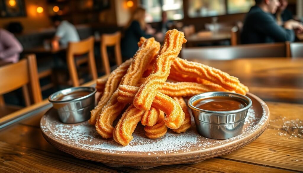 A beautifully arranged plate of churros, freshly fried to a golden-brown crisp, dusted with powdered sugar and served alongside small bowls of rich chocolate and caramel dipping sauces. The foreground features the churros artfully displayed on a rustic wooden table, with a few churros leaning against the bowls. In the middle ground, emphasize the textures of the crispy churros alongside the glossy dips, highlighting inviting details like the warm steam rising. The background showcases a cozy café setting, softly lit with warm tones, including blurred silhouettes of people enjoying their desserts. A gentle, cheerful atmosphere permeates the scene, evoking the joy of enjoying a beloved sweet treat. Utilize a slight overhead angle to capture the entire composition, with natural light illuminating the churros.