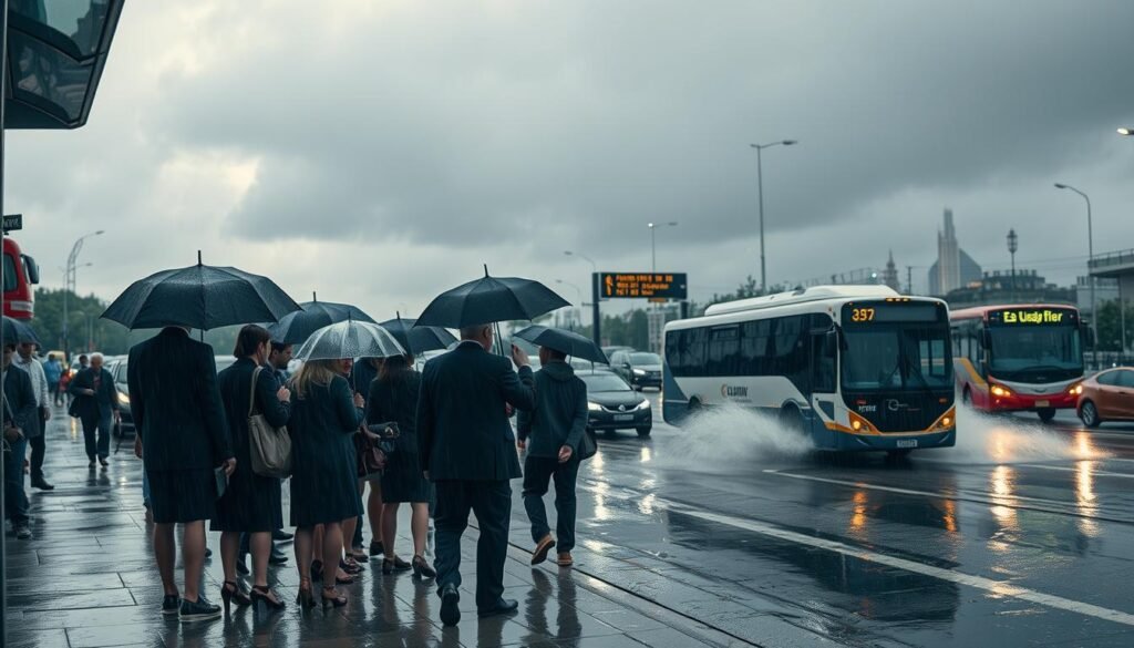 A busy urban scene depicting the impact of weather on transportation and activities. In the foreground, a group of commuters in professional attire is huddled under umbrellas at a bus stop, looking concerned as rain pours down. The middle ground features a rain-soaked road with cars cautiously navigating through puddles and a bus splashing through a waterlogged street. In the background, grey, overcast skies loom, hinting at the possibility of a storm. Streetlights cast a soft glow, reflecting off the wet pavement, creating a somber yet realistic atmosphere. The scene captures the urgency and disruption caused by adverse weather on daily life, emphasizing the themes of transportation challenges and weather influence.