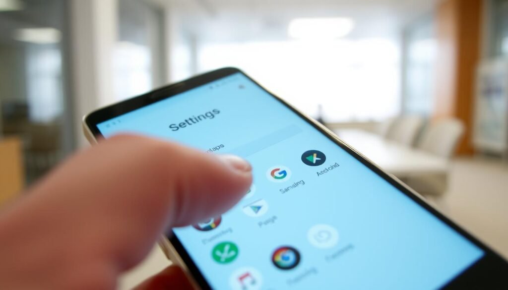 A close-up view of a smartphone screen displaying the Android settings interface, focusing on the "Apps" section where default applications are listed. The foreground features a finger tapping on an app icon with a subtle highlight effect, indicating selection. In the middle ground, the apps are displayed in a visually organized grid, with icons for various pre-installed applications like "Google" and "Samsung" apps. The background shows a blurred image of an office setting, conveying a tech-savvy and professional atmosphere. Soft, ambient lighting creates a calm and focused mood. The angle is slightly tilted for a dynamic perspective, emphasizing the interaction with the device while ensuring a seamless and clean composition.