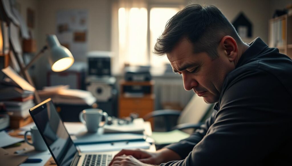 A concerned professional sitting at a cluttered desk, hunched over a laptop, showcasing signs of discomfort due to prolonged sitting. The foreground includes a close-up of the individual's face, displaying tension and concentration, with stress lines visible on their forehead. In the middle, a cluttered office setting with papers, coffee mugs, and a soft glow from a desk lamp creates a warm yet chaotic atmosphere. The background features a softly blurred window with natural light filtering in, enhancing the mood of the workspace. The overall lighting is warm, evoking a sense of fatigue and strain associated with long periods of sitting. Capture this scene from a slightly elevated angle to emphasize the physical impact of extensive desk work on the individual.