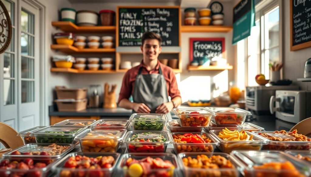 A cozy home kitchen scene showcasing a frozen food business in a vibrant and inviting atmosphere. In the foreground, a neatly arranged table displays a variety of colorful frozen meals in clear packaging, highlighting their freshness. A friendly individual in professional attire, such as an apron over casual clothing, is preparing orders in the middle ground, emphasizing a personal touch in the business. The background features shelves stocked with neatly labeled frozen food containers and a chalkboard menu listing daily specials. Natural light streams in through a window, creating a warm and cheerful mood, while a slightly blurred focus gives depth to the image, enhancing the homely feel of a thriving home-based frozen food enterprise.