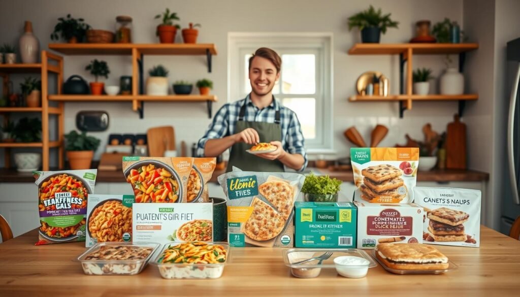 A cozy home kitchen scene showcasing a variety of frozen food products. In the foreground, a modern wooden table displays neatly packaged frozen meals, including colorful vegetable stir-fries, homemade pizzas, and gourmet desserts in eco-friendly containers. The middle features a cheerful person in casual cooking attire, carefully preparing a quick frozen meal, surrounded by fresh ingredients like herbs and spices. In the background, warm sunlight filters through a window, illuminating shelves filled with additional frozen food options, plants, and kitchen utensils. The atmosphere is inviting and professional, emphasizing the concept of home-cooked frozen foods as a thriving business opportunity. Soft lighting, shot from a slightly elevated angle, creating an engaging, relatable feel.