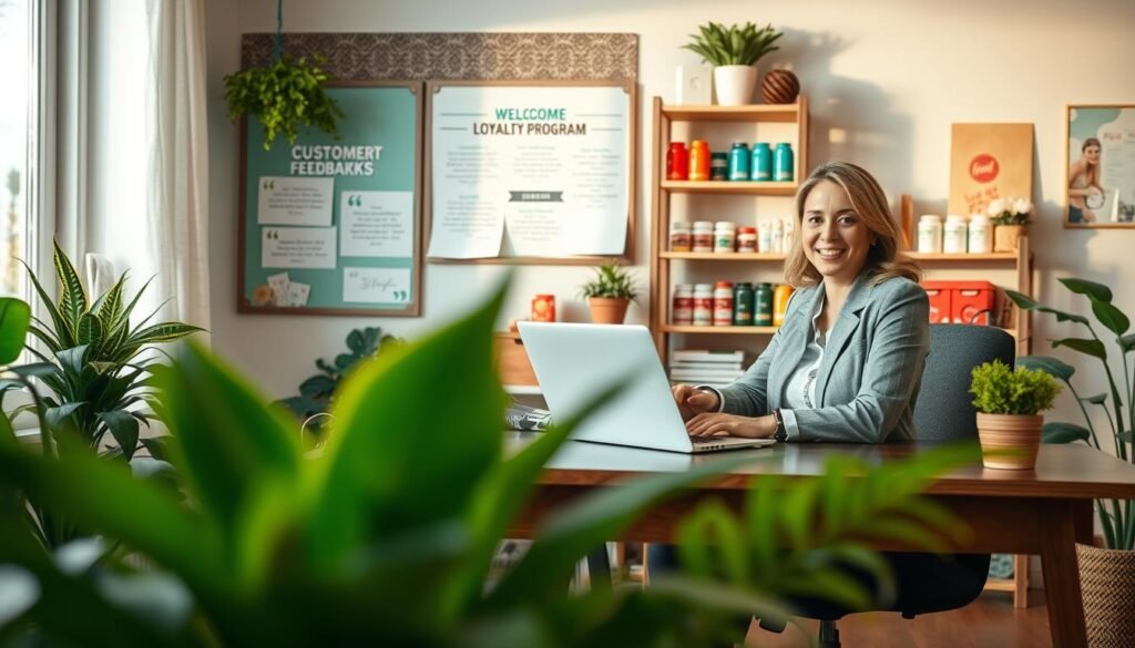 A cozy home office setting, depicting a small business owner engaging with customers. In the foreground, a smiling woman in professional attire is seated at a stylish desk, surrounded by vibrant plants and a laptop displaying customer feedback. In the middle ground, a bulletin board showcases loyalty program details with eye-catching graphics. The background features a well-organized shelf filled with products and customer testimonials, reflecting a welcoming atmosphere. Soft, natural light filters through a window, creating a warm and inviting mood. The entire scene conveys a sense of community, trust, and the importance of customer relationships in a home-based business environment. The composition is captured from a slightly elevated angle to provide an expansive view of the workspace.