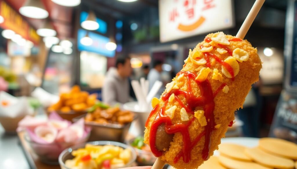 A delicious Korean corn dog displayed prominently in the foreground, showcasing its golden-brown crispy batter, with a plump, juicy sausage peeking through. The corn dog is drizzled with a mix of sweet and spicy sauces, and sprinkled with savory toppings like crushed potato chips. In the middle ground, a colorful array of side dishes, such as pickled radish and scallion pancakes, adds to the vibrant food scene. The background features a bustling Korean street food market, softly blurred to enhance the focus on the corn dog. The scene is illuminated with warm, inviting lighting, creating a cozy atmosphere that evokes excitement for trendy food. A slight angle captures the food's texture and details, inviting viewers to savor the visual treat.