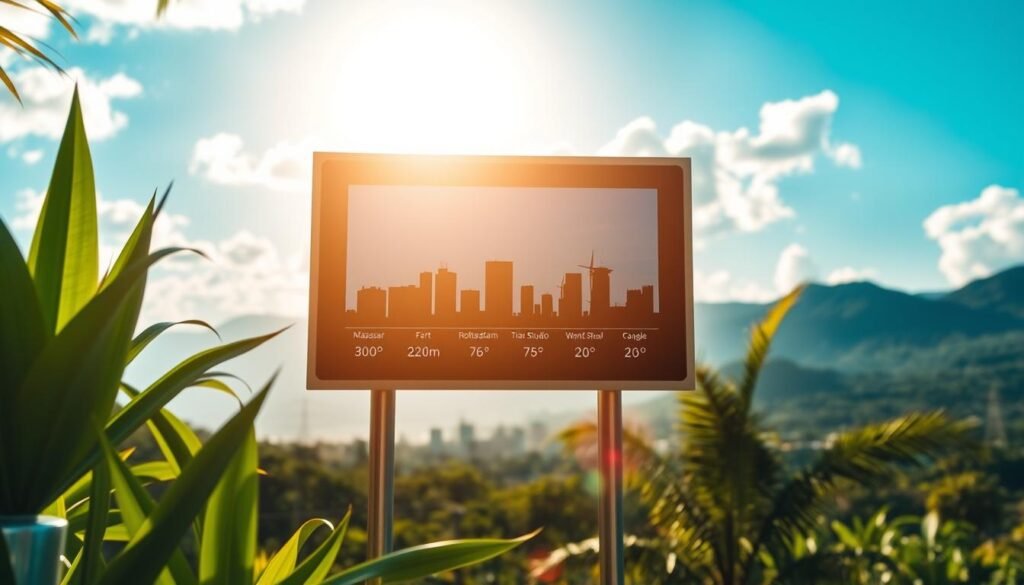 A detailed weather forecast scene for Makassar, showcasing a vibrant and sunny day, with a clear blue sky and fluffy white clouds. In the foreground, a digital weather station display shows temperature, humidity, and wind speed, surrounded by tropical plants typical of the region. The middle ground features a silhouette of Makassar's skyline with notable buildings, like the Fort Rotterdam and the Trans Studio Makassar, under the bright sun. The background transitions into lush greenery and distant hills, reflecting the area's natural beauty. Soft, warm lighting enhances the tropical atmosphere, giving a sense of calm and positivity. The image captures the essence of Makassar's weather, ideal for an informative article section.
