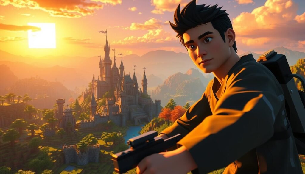 A dynamic scene showcasing Frost Diamond, a well-known Indonesian Minecraft YouTuber, in an immersive gameplay setting. In the foreground, Frost Diamond is depicted with a focused expression, wearing a stylish, modest gaming outfit. He is skillfully navigating a vibrant Minecraft world, surrounded by blocky landscapes and intricate builds. In the middle ground, various Minecraft structures like castles and forests are visible, bathed in warm, golden lighting that enhances the excitement of gameplay. The background features a picturesque sunset, casting a soft glow over rolling hills and pixelated clouds, creating an engaging and lively atmosphere. The image captures the thrill and creativity of Minecraft, reflecting Frost Diamond’s expertise and passion for the game.