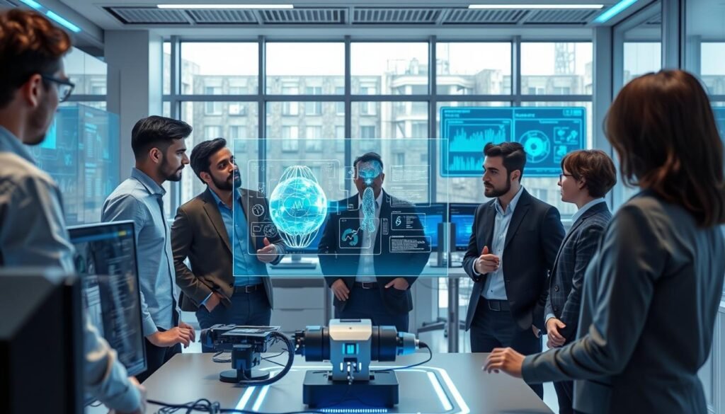 A futuristic computer vision challenge scene set in a sleek, modern tech lab. In the foreground, a diverse group of three professionals—two men and one woman—are engaged in an intense brainstorming session around a holographic display showing complex AI algorithms and visual data patterns. They are dressed in smart casual attire, exuding teamwork and innovation. In the middle ground, a high-tech workstation is visible, featuring advanced computer monitors and robotic components, with soft blue and green LED lights illuminating the space, creating a tech-savvy atmosphere. The background shows large windows allowing natural light to flood in, while digital screens display graphs and insights about computer vision advancements. The overall mood is focused and forward-thinking, symbolizing the challenges and future of computer vision technology. A futuristic computer vision challenge scene set in a sleek, modern tech lab. In the foreground, a diverse group of three professionals—two men and one woman—are engaged in an intense brainstorming session around a holographic display showing complex AI algorithms and visual data patterns. They are dressed in smart casual attire, exuding teamwork and innovation. In the middle ground, a high-tech workstation is visible, featuring advanced computer monitors and robotic components, with soft blue and green LED lights illuminating the space, creating a tech-savvy atmosphere. The background shows large windows allowing natural light to flood in, while digital screens display graphs and insights about computer vision advancements. The overall mood is focused and forward-thinking, symbolizing the challenges and future of computer vision technology.