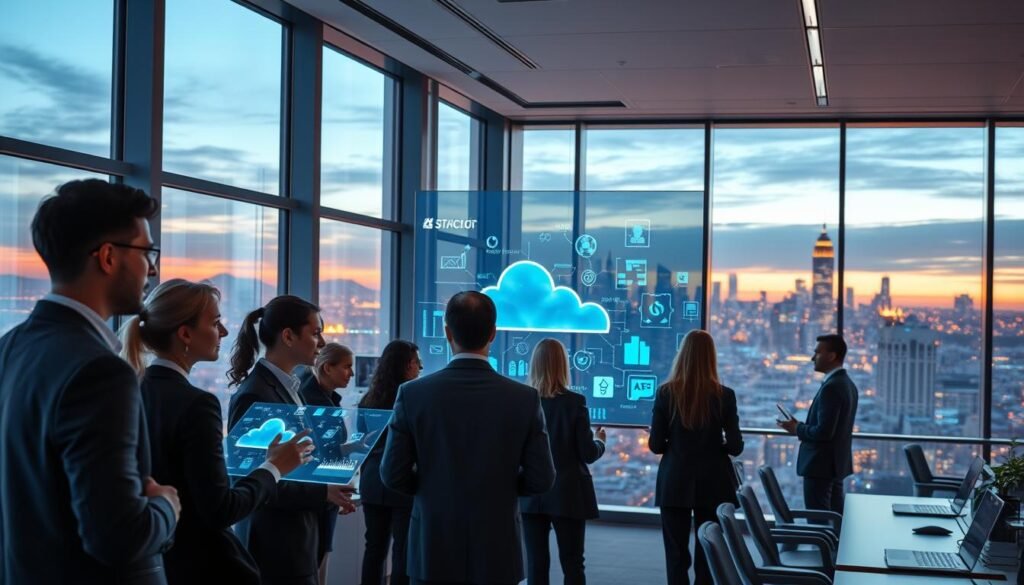 A futuristic office environment showcasing transformational cloud computing innovations. In the foreground, a diverse group of professionals in business attire engage with holographic displays, analyzing data and collaborating on projects. The middle scene features sleek, transparent screens projecting cloud data streams and digital diagrams, illustrating connectivity and efficiency. In the background, large windows reveal a city skyline at dusk, with vibrant lights twinkling, symbolizing growth and opportunity. The lighting is cool and modern, emphasizing technology and innovation, while soft shadows add depth. The atmosphere is energetic and inspiring, reflecting the potential of cloud computing to revolutionize business operations and enhance collaboration. A futuristic office environment showcasing transformational cloud computing innovations. In the foreground, a diverse group of professionals in business attire engage with holographic displays, analyzing data and collaborating on projects. The middle scene features sleek, transparent screens projecting cloud data streams and digital diagrams, illustrating connectivity and efficiency. In the background, large windows reveal a city skyline at dusk, with vibrant lights twinkling, symbolizing growth and opportunity. The lighting is cool and modern, emphasizing technology and innovation, while soft shadows add depth. The atmosphere is energetic and inspiring, reflecting the potential of cloud computing to revolutionize business operations and enhance collaboration.