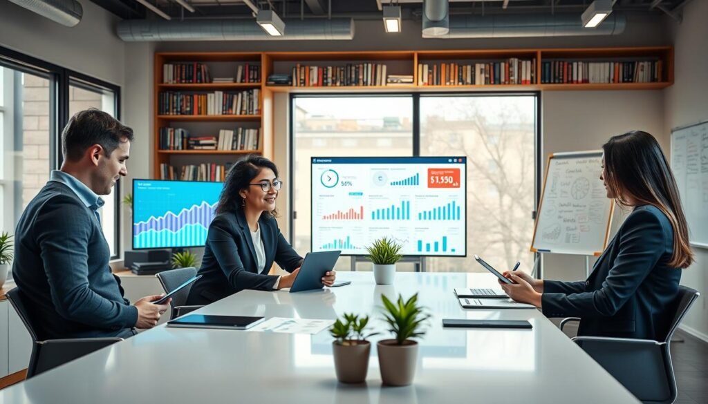A modern business workspace showcasing "online business operations management". In the foreground, a diverse group of three professionals dressed in business casual attire, sitting around a sleek conference table, engaged in discussions over digital devices and analytical charts. The middle ground features a large digital screen displaying online sales graphs and operational dashboards. Soft, focused lighting enhances a productive atmosphere, with large windows shedding natural light onto potted plants. The background shows shelves filled with books on entrepreneurship, neatly organized, and a whiteboard cluttered with brainstorming notes. The overall mood is collaborative and innovative, emphasizing efficiency and teamwork in managing online operations. The scene is captured from a slightly elevated angle to provide a comprehensive view of the dynamic workspace.