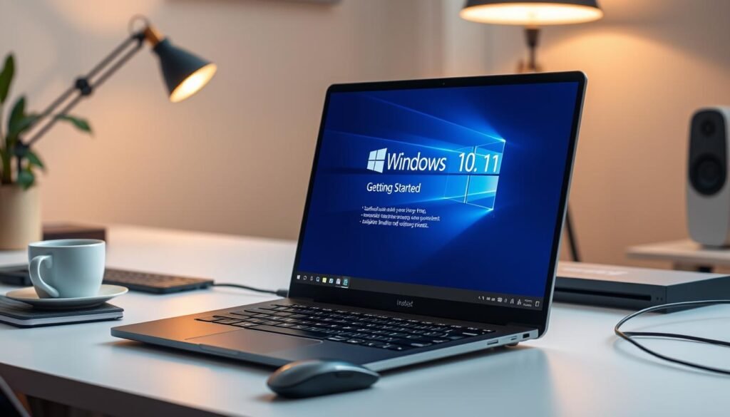 A modern computer setup displaying the initial Windows 10/11 installation screen. In the foreground, a sleek laptop with a high-resolution display shows the "Getting Started" page, featuring colorful graphical elements available in Windows. The middle ground features a stylish, minimalist desk with a mouse, keyboard, and a coffee cup. The background has soft, ambient lighting from a nearby lamp, creating a warm atmosphere in a cozy home office. The scene is shot at a slight angle to emphasize the laptop screen while keeping the desk elements elegantly arranged. The overall mood is professional yet inviting, ideal for illustrating the initial setup process after installing Windows.