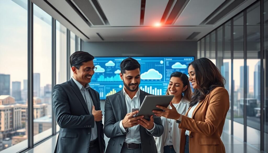 A modern corporate office setting showcasing the successful implementation of cloud computing technology. In the foreground, a diverse team of professionals in business attire collaborates over a digital tablet, analyzing cloud system analytics with expressions of satisfaction and determination. The middle ground features large screens displaying colorful interactive data visualizations and cloud interfaces, suggesting innovation and progress. In the background, sleek architecture and large windows reveal a bright, bustling cityscape, symbolizing growth and opportunity. Soft, ambient lighting enhances the professional atmosphere, while a slight lens flare adds a touch of optimism to the scene. The overall mood is one of achievement, teamwork, and technological advancement, perfectly capturing a successful cloud implementation across various industries. A modern corporate office setting showcasing the successful implementation of cloud computing technology. In the foreground, a diverse team of professionals in business attire collaborates over a digital tablet, analyzing cloud system analytics with expressions of satisfaction and determination. The middle ground features large screens displaying colorful interactive data visualizations and cloud interfaces, suggesting innovation and progress. In the background, sleek architecture and large windows reveal a bright, bustling cityscape, symbolizing growth and opportunity. Soft, ambient lighting enhances the professional atmosphere, while a slight lens flare adds a touch of optimism to the scene. The overall mood is one of achievement, teamwork, and technological advancement, perfectly capturing a successful cloud implementation across various industries.