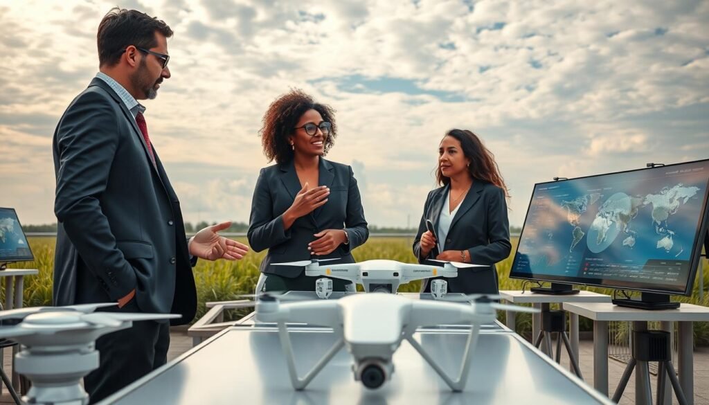A modern outdoor weather forecasting setup in a research environment, featuring a diverse team of three professionals in smart business attire, analyzing advanced AI-driven weather prediction tools on sleek digital screens. The foreground highlights the team engaged in discussion, with focused expressions and hand gestures. The middle grounds display tables with high-tech weather instruments, including drones and sensors. In the background, a dynamic sky with varying cloud patterns showcases the potential of accurate weather prediction. Soft, natural lighting enhances the scene, casting gentle shadows and creating a professional yet inviting atmosphere. Emphasize innovation and collaboration, with a focus on the advantages of AI in weather forecasting over traditional methods. A modern outdoor weather forecasting setup in a research environment, featuring a diverse team of three professionals in smart business attire, analyzing advanced AI-driven weather prediction tools on sleek digital screens. The foreground highlights the team engaged in discussion, with focused expressions and hand gestures. The middle grounds display tables with high-tech weather instruments, including drones and sensors. In the background, a dynamic sky with varying cloud patterns showcases the potential of accurate weather prediction. Soft, natural lighting enhances the scene, casting gentle shadows and creating a professional yet inviting atmosphere. Emphasize innovation and collaboration, with a focus on the advantages of AI in weather forecasting over traditional methods.