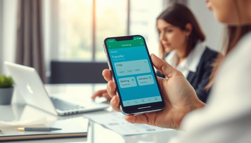 A modern smartphone displaying a user-friendly banking app interface for money transfer, prominently showing features related to free transactions. In the foreground, the device is held by a person in professional business attire, showing engaged interaction. In the middle ground, an elegant workspace is visible, complete with a laptop and banking documents, hinting at productivity. The background features a well-lit office environment with soft, natural light streaming through a window, contributing to a vibrant and dynamic atmosphere. The composition focuses on the smartphone and the app's functionalities while maintaining a clean and polished look. The overall mood is professional, modern, and efficient, emphasizing an easy and cost-free banking experience.