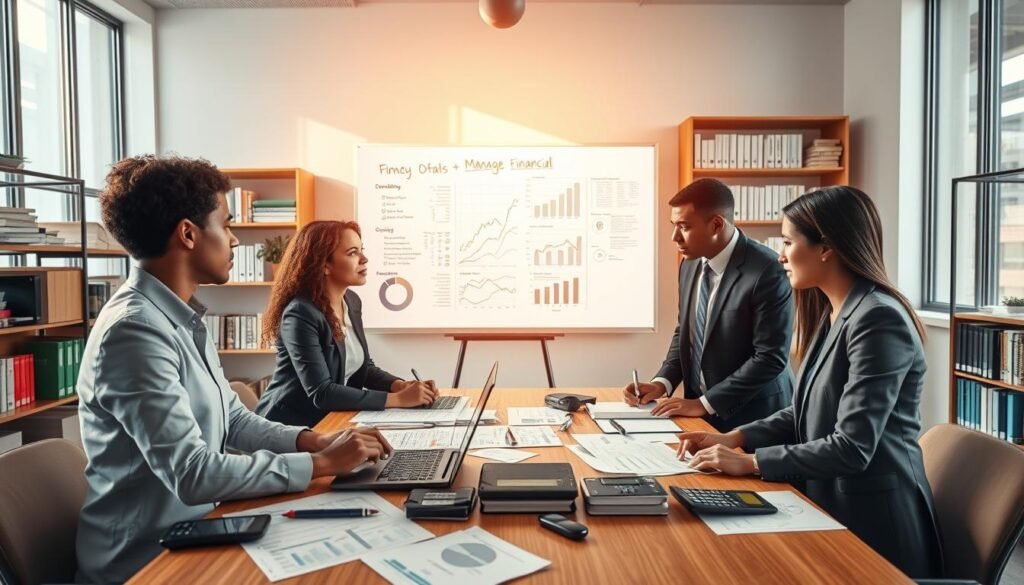 A modern workspace depicting a small business finance management system for UMKM (Micro, Small and Medium Enterprises). In the foreground, a diverse group of three professionals, dressed in business attire, are collaborating at a table covered with financial documents, calculators, and a laptop displaying graphs. The middle ground features a whiteboard filled with financial strategies and budgeting charts. In the background, shelves lined with financial books and resources create an organized, productive atmosphere. Warm, natural lighting streams in through large windows, casting soft shadows and enhancing the sense of clarity and focus. The overall mood is energetic yet calm, embodying a professional environment conducive to effective money management.