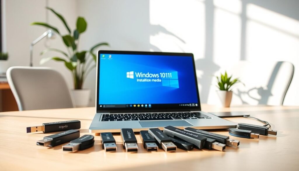 A modern workspace featuring a sleek laptop displaying a vibrant Windows 10/11 installation screen, positioned prominently in the foreground. Surrounding the laptop, various USB flash drives labeled as "bootable media" are arranged artistically, highlighting their function. The background includes a well-organized desk with a light gray ergonomic chair and a potted plant, creating a professional atmosphere. Natural light filters through a nearby window, casting soft shadows that evoke a sense of focus and productivity. The overall mood is one of clarity and efficiency, ideal for guiding users through the installation process. The image is intended to illustrate a technical but accessible setup for installing Windows from a bootable medium.