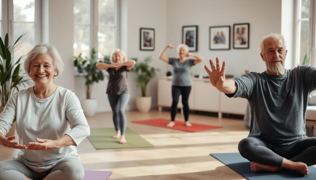 A serene indoor environment showcasing elderly individuals engaging in physical health activities. In the foreground, a smiling elderly couple is practicing gentle yoga poses on mats, wearing comfortable, modest athletic clothing. In the middle ground, a senior woman is lifting light hand weights with a focused expression, while a senior man stretches nearby. Soft natural light filters through large windows, creating a warm and inviting atmosphere. The background features plants and framed photographs of family, adding a touch of home. The mood is uplifting and inspirational, encouraging the importance of maintaining physical health in later years. The image should be captured from a mid-angle to include both the activities and the cozy setting, emphasizing community and connection in elder health.