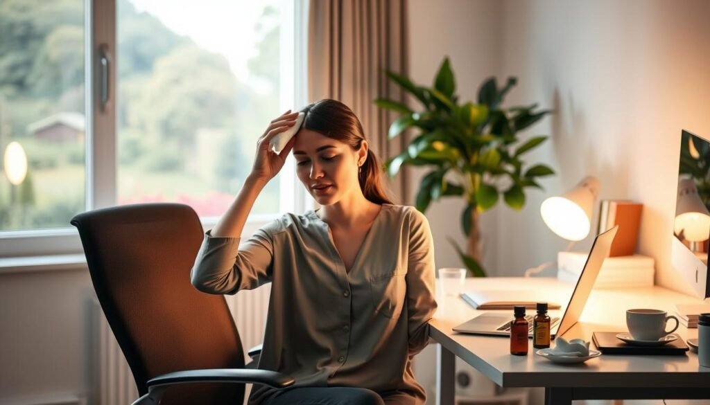 A serene office environment depicting effective headache relief methods. In the foreground, a thoughtful professional woman in modest casual clothing uses a cold compress on her forehead while seated at an ergonomic desk with a laptop. In the middle ground, a scenic view through a large window shows a peaceful outdoor garden, enhancing the calming atmosphere. Soft, warm lighting illuminates the space, creating a comforting vibe. On a nearby table, there are essential oils and a herbal tea cup, suggesting alternative remedies. The background features organized office items and a verdant house plant, promoting a sense of wellness and tranquility. The overall mood is soothing, emphasizing strategies for headache management during long periods of sitting.