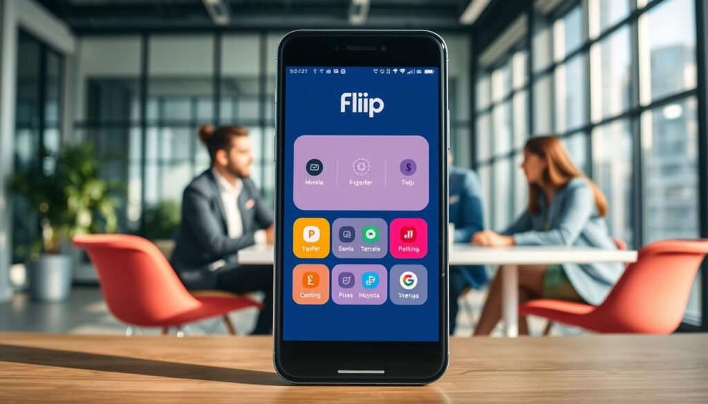 A sleek smartphone displaying the "Flip" application interface in vivid colors, centered in the foreground. The app screen showcases a user-friendly layout with icons for money transfer features, designed for seamless banking interactions. In the middle ground, a diverse group of young professionals, dressed in smart casual attire, collaborate around a modern workspace, engaging in a discussion about efficient money transfers. The background features a well-lit, contemporary office environment, with large windows allowing natural light to flood in, casting soft shadows. The mood is dynamic and goal-oriented, emphasizing innovation in financial transactions. The overall composition highlights the ease and practicality of using the Flip app for bank transfers without administrative fees.