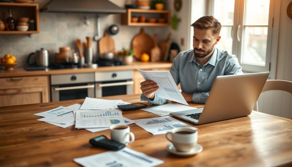 A small business management scene focused on a male entrepreneur analyzing financial documents and charts on a wooden table. In the foreground, a well-dressed man in a smart casual outfit reviews a spreadsheet on a laptop, looking thoughtful. In the middle, scattered papers, a calculator, and a cup of coffee reflect his dedication to managing his small food business. The background features a cozy home kitchen with ingredients and cooking utensils visible, conveying a warm and inviting atmosphere. Soft natural light filters through a window, creating an optimistic and focused ambiance. The image encapsulates the essence of effective small business capital management, highlighting dedication and organization in food entrepreneurship.