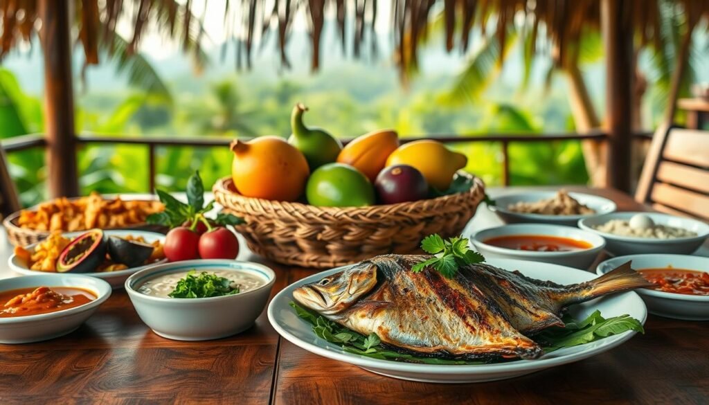 A vibrant and colorful display of traditional Maluku and Papua cuisine, featuring an array of dishes on a wooden table. In the foreground, showcase a beautifully arranged plate of Ikan Bakar (grilled fish) garnished with fresh herbs, surrounded by sides like Papeda (sago porridge) and spicy sambal. The middle of the scene includes an ornate woven tray holding various tropical fruits such as mangosteen and passion fruit, enhancing the exotic feel. The background should depict a softly blurred tropical landscape with lush greenery and distant hills. Warm, natural lighting illuminates the scene, creating an inviting atmosphere that highlights the rich textures and bright colors of the food, evoking a sense of the culinary diversity of Indonesia's eastern regions. A vibrant and colorful display of traditional Maluku and Papua cuisine, featuring an array of dishes on a wooden table. In the foreground, showcase a beautifully arranged plate of Ikan Bakar (grilled fish) garnished with fresh herbs, surrounded by sides like Papeda (sago porridge) and spicy sambal. The middle of the scene includes an ornate woven tray holding various tropical fruits such as mangosteen and passion fruit, enhancing the exotic feel. The background should depict a softly blurred tropical landscape with lush greenery and distant hills. Warm, natural lighting illuminates the scene, creating an inviting atmosphere that highlights the rich textures and bright colors of the food, evoking a sense of the culinary diversity of Indonesia's eastern regions.