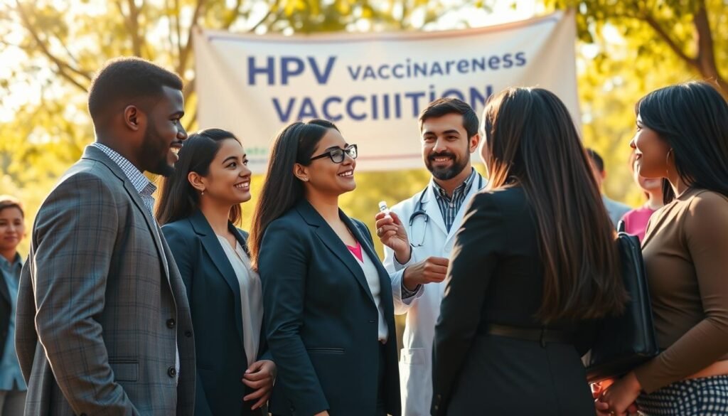 A vibrant and informative scene depicting the importance of HPV vaccination. In the foreground, a diverse group of young adults, dressed in professional business attire, are engaged in conversation, with a look of determination and hope on their faces. In the middle ground, a healthcare professional, wearing a lab coat, is administering a vaccine to a smiling young woman, symbolizing health and protection. The background features a bright, sunny outdoor setting with a banner promoting HPV vaccination awareness, surrounded by trees. The scene is bathed in warm sunlight, creating an uplifting and encouraging atmosphere. Use a wide-angle lens to capture the interaction and convey a sense of community involvement in health initiatives. The overall mood is positive and inspiring, highlighting the importance of vaccination in a preventive health context.