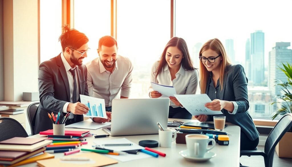 A vibrant and inviting workspace representing "digital freelance services." In the foreground, a diverse group of three professionals, dressed in smart casual attire, enthusiastically collaborating over a laptop, with one analyzing graphs and another sketching ideas on a notepad. The middle ground features a cluttered desk with colorful stationery, digital devices, and coffee cups, emphasizing productivity. In the background, a bright window streaming natural light illuminates the scene, revealing an urban skyline that suggests a modern, tech-savvy environment. Soft, warm lighting creates an optimistic and motivational atmosphere, inviting viewers into the dynamic world of digital freelancing. Capture this image from a slightly elevated angle to enhance depth and engagement. A vibrant and inviting workspace representing "digital freelance services." In the foreground, a diverse group of three professionals, dressed in smart casual attire, enthusiastically collaborating over a laptop, with one analyzing graphs and another sketching ideas on a notepad. The middle ground features a cluttered desk with colorful stationery, digital devices, and coffee cups, emphasizing productivity. In the background, a bright window streaming natural light illuminates the scene, revealing an urban skyline that suggests a modern, tech-savvy environment. Soft, warm lighting creates an optimistic and motivational atmosphere, inviting viewers into the dynamic world of digital freelancing. Capture this image from a slightly elevated angle to enhance depth and engagement.