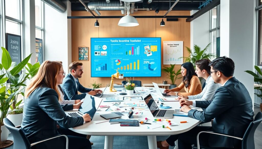 A vibrant and modern workspace showcasing tips to boost online sales. In the foreground, a diverse group of professionals in smart business attire are engaged in a brainstorming session around a sleek table cluttered with laptops, colorful graphs, and marketing materials. In the middle, a large digital screen displays engaging visuals of social media icons, e-commerce stats, and customer engagement metrics, highlighting effective strategies. The background features a well-lit office environment with motivational posters and lush plants, creating an inspiring atmosphere. Soft, natural lighting filters through large windows to enhance the workspace feel, while the angle captures a dynamic perspective of collaboration and innovation. The overall mood is energetic and focused, emphasizing productivity and creativity in online business success.