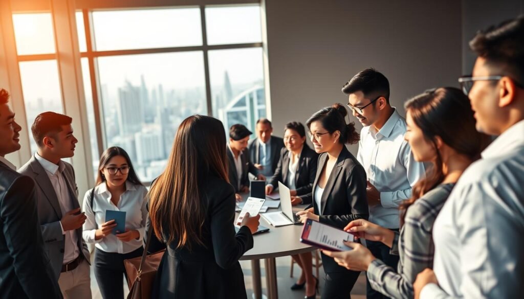 A vibrant business networking scene illustrating the concept of "jaringan dan relasi bisnis". In the foreground, a diverse group of professionals dressed in smart business attire engaged in conversation and exchanging business cards. In the middle ground, several people are seated around a modern conference table, discussing strategies with charts and laptops open. In the background, a large window reveals a bustling cityscape, symbolizing opportunities. Soft, warm lighting creates an inviting atmosphere, emphasizing collaboration. The camera angle is slightly elevated, capturing the dynamic interactions while providing a panoramic view of the workspace. The mood is productive and optimistic, reflecting the spirit of building business connections and entrepreneurial success.