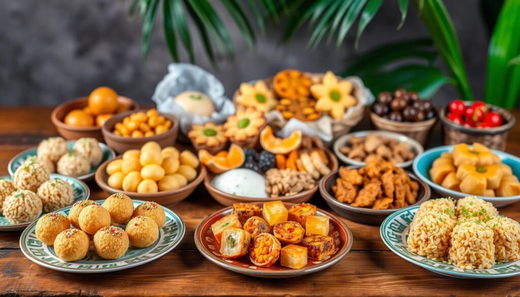 A vibrant display of traditional Indonesian sweet foods, featuring an array of colorful desserts on a rustic wooden table. In the foreground, beautifully arranged plates of klepon (sweet rice balls filled with palm sugar), onde-onde (sesame seed balls), and sweet sticky rice with pandan flavor. In the middle, a variety of traditional snacks like kue lapis (layered cake) and assorted dried fruits, showcasing their rich textures and colors. The background includes a subtle hint of tropical leaves and soft lighting that creates a warm, inviting atmosphere. The scene is shot from a slightly elevated angle, focusing on the details of the dishes while allowing the natural warmth of the environment to enhance the appealing aesthetics of the traditional Indonesian sweets. A vibrant display of traditional Indonesian sweet foods, featuring an array of colorful desserts on a rustic wooden table. In the foreground, beautifully arranged plates of klepon (sweet rice balls filled with palm sugar), onde-onde (sesame seed balls), and sweet sticky rice with pandan flavor. In the middle, a variety of traditional snacks like kue lapis (layered cake) and assorted dried fruits, showcasing their rich textures and colors. The background includes a subtle hint of tropical leaves and soft lighting that creates a warm, inviting atmosphere. The scene is shot from a slightly elevated angle, focusing on the details of the dishes while allowing the natural warmth of the environment to enhance the appealing aesthetics of the traditional Indonesian sweets.