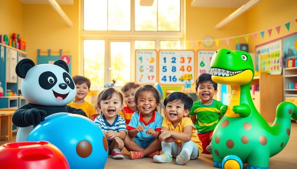 A vibrant scene depicting a colorful, engaging educational environment inspired by BabyBus. In the foreground, a diverse group of happy children, aged 3-6, are gathered around animated characters from BabyBus, such as a cheerful panda and a friendly dinosaur, as they learn and play together. The middle ground showcases a bright classroom filled with educational toys, posters of numbers and letters, and interactive learning materials. The background features large windows letting in warm, soft sunlight, creating a cheerful and inviting atmosphere. The scene should have a playful mood, with warm colors like yellow and blue dominating, emphasizing education and entertainment for children. Shot with a slightly tilted angle to instill a dynamic perspective, capturing the joy and curiosity of early learning without any text or distractions.