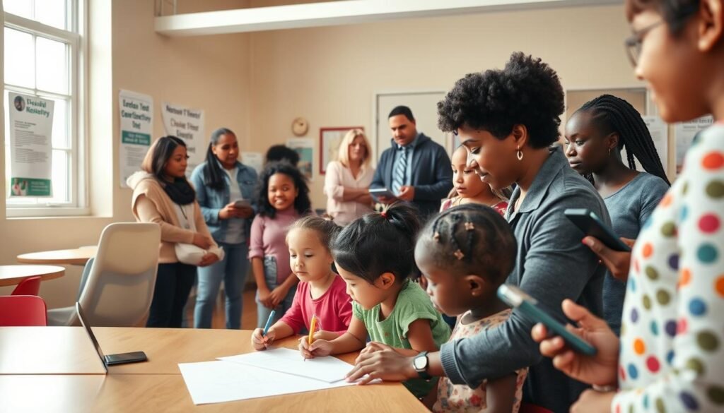 A vibrant scene depicting a diverse group of parents and children engaged in a community workshop focused on digital ethics and public reactions to viral content. In the foreground, a middle-aged woman in professional attire is guiding a group of eagerly listening children, who are attentively drawing on paper, symbolizing learning and creativity. In the middle ground, a few adults discuss amongst themselves, some holding tablets and smartphones, showcasing the digital aspect of the workshop. The background features a well-lit community center with posters about digital responsibility on the walls. The atmosphere is warm and positive, filled with natural light filtering through windows, creating an inviting and educational environment. The angle is slightly elevated, capturing the intimacy and engagement of the workshop.