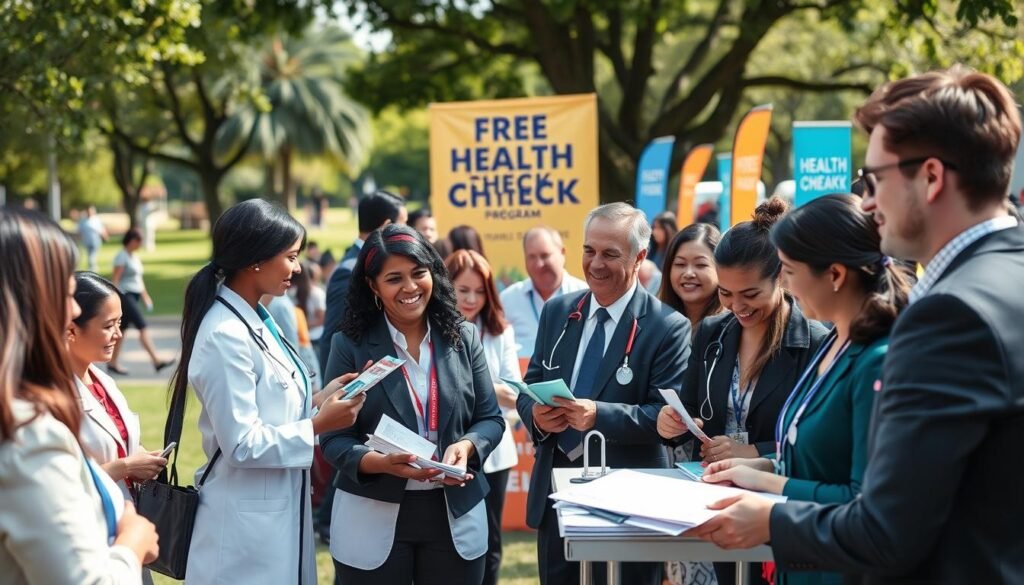 A vibrant, well-organized health fair scene focused on a free health check-up program. In the foreground, a diverse group of healthcare professionals, dressed in smart business attire, engage with visitors. Some are checking blood pressure and offering informational brochures, while others discuss health benefits. In the middle ground, colorful banners highlight the "Free Health Check Program." Behind them, a sunny park setting with trees and open spaces, giving a sense of community and health awareness. Soft, natural lighting enhances the inviting atmosphere, captured with a slight depth of field to focus on the interaction between the professionals and the visitors. The mood is cheerful and supportive, emphasizing the importance of health prevention initiatives.