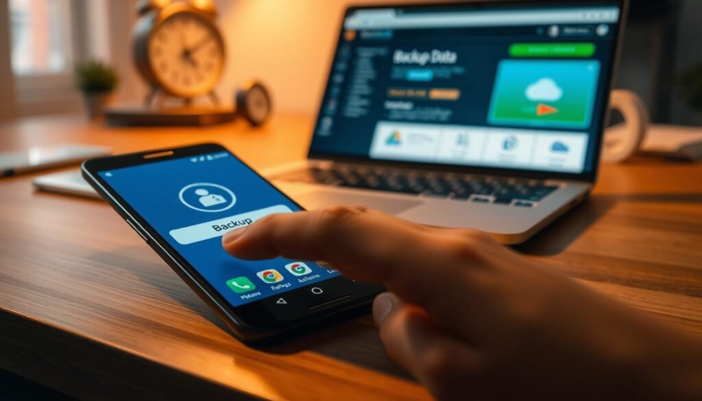 An Android smartphone on a wooden desk with a glowing screen displaying a backup data interface. In the foreground, a close-up of a finger tapping the "Backup" button, with a clear visual of app icons such as Google Drive and cloud services. The middle background features a soft-focus laptop with a backup software interface open, emphasizing a modern workspace environment. The lighting is warm and ambient, casting gentle shadows, evoking a sense of preparation and caution. A subtle wall clock can be seen, suggesting the importance of time management in data handling. The atmosphere is organized and tech-savvy, providing a professional setting for tech enthusiasts looking to safeguard their data.