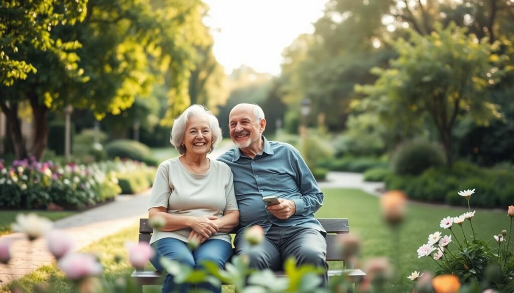 An elderly couple enjoying a peaceful afternoon in a serene garden, focusing on their mental and social well-being. In the foreground, the couple sits on a bench, both wearing modest casual clothing, smiling and engaging in conversation. The middle ground features lush greenery, blooming flowers, and a gentle pathway, symbolizing vitality and connection to nature. In the background, soft sunlight filters through the trees, creating a warm, inviting atmosphere. The image should be captured from a slightly low angle, emphasizing the couple's joyful expressions and the beauty of their surroundings, evoking a sense of tranquility and harmony. The lighting should be soft and diffused, enhancing the overall mood of well-being and companionship.
