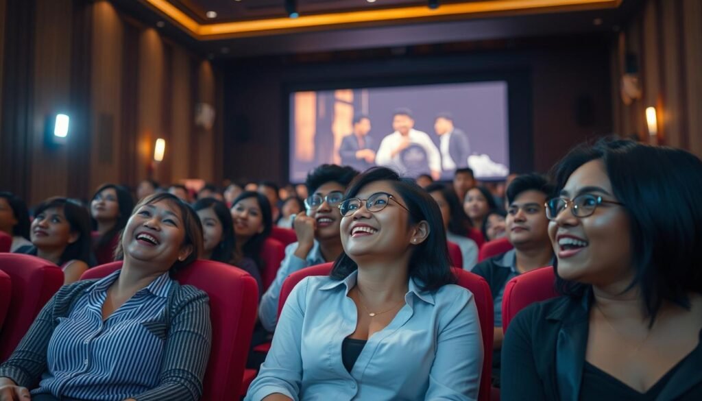 An indoor cinema scene where an engaged audience is watching a recent Indonesian film. In the foreground, a diverse group of viewers, dressed in smart casual attire, express a range of emotions: excitement, laughter, and contemplation. The middle layer features plush theater seats, with a large movie screen displaying a dramatic film scene, softly illuminated by the screen's light. In the background, faint silhouettes of other audience members can be seen, adding depth to the atmosphere. The lighting is warm and inviting, creating a cozy yet dynamic ambiance. The focus is on the viewers' reactions, capturing the essence of moviegoers enjoying the latest Indonesian film, evoking a sense of community and engagement.