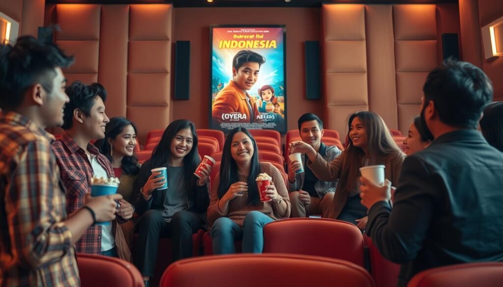 An inviting cinema scene showcasing a cozy movie-watching environment. In the foreground, a group of diverse individuals, dressed in casual yet stylish attire, discuss their film preferences while holding popcorn and drinks. In the middle, a large movie poster displays vibrant artwork of a popular recent Indonesian film. The background features a plush theater with soft, warm lighting and rows of comfy seats, creating an intimate atmosphere. The overall composition exudes excitement and anticipation for a movie night. Use a slight angle from above to capture the bustling energy of moviegoers selecting their films. The scene should convey a sense of camaraderie and the joy of choosing the perfect movie to watch.