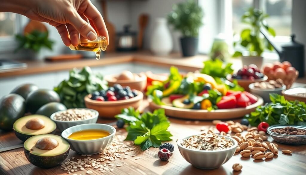 A bright and inviting kitchen setting, featuring a wooden table laden with fresh, healthy foods like avocados, leafy greens, oats, berries, and nuts. In the foreground, a hand gently pours olive oil into a small bowl, emphasizing natural ingredients. In the middle, a beautifully arranged platter showcases a colorful salad, highlighting the importance of nutritious choices. The background is softly blurred, showing subtle hints of kitchen utensils and potted herbs, creating a warm, homely atmosphere. The lighting is bright and natural, coming from a window to the left, casting soft shadows and enhancing the freshness of the ingredients. The overall mood is invigorating, encouraging a healthy lifestyle and practical steps to lower cholesterol naturally without medication.