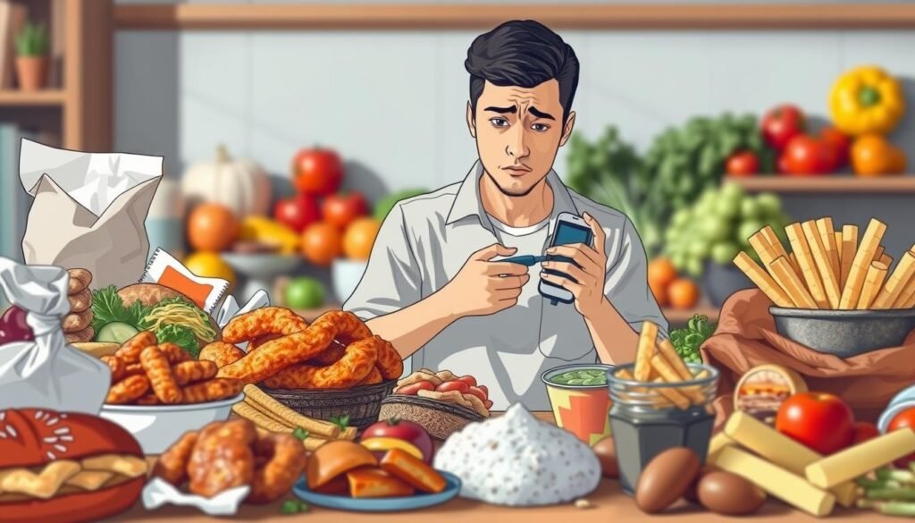A detailed, visually striking illustration depicting factors that lead to high cholesterol levels. In the foreground, an array of unhealthy food items, such as greasy fried foods, sugary snacks, and fast food, artfully arranged to capture attention. The middle ground features a worried individual, dressed in modest casual clothing, checking their cholesterol levels with a medical device. Behind them, a faded backdrop of vibrant fresh fruits and vegetables symbolizes a healthier lifestyle. Soft, natural lighting creates a warm and inviting atmosphere, while a shallow depth of field draws focus to the subject and food. The overall mood conveys a sense of concern and the urgency of understanding cholesterol's causes, evoking a thoughtful reflection on health and wellness.