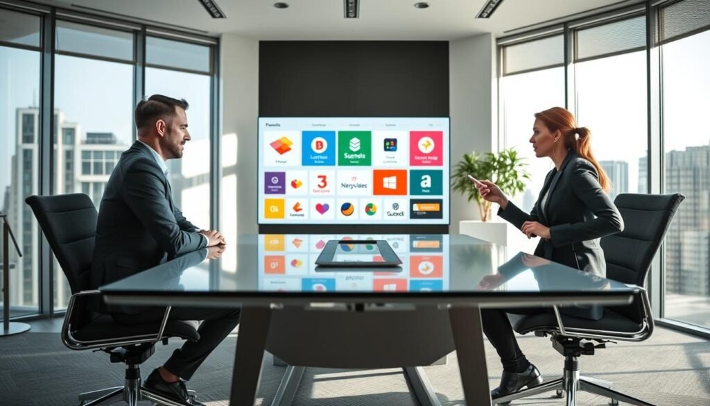 A dynamic business scene showcasing the importance of branding in a corporate environment. In the foreground, a group of three professionals—two men and one woman—are engaged in a discussion around a sleek conference table, dressed in smart business attire. The middle ground features a digital screen displaying vibrant branding graphics, such as logos and color palettes, symbolizing creativity and strategy. The background includes a contemporary office setting with large windows letting in natural light, casting soft shadows across the room to create an inviting atmosphere. The mood is focused and inspiring, emphasizing collaboration and innovation in branding. The angle captures both the professionals and the branding visuals for a comprehensive view. A dynamic business scene showcasing the importance of branding in a corporate environment. In the foreground, a group of three professionals—two men and one woman—are engaged in a discussion around a sleek conference table, dressed in smart business attire. The middle ground features a digital screen displaying vibrant branding graphics, such as logos and color palettes, symbolizing creativity and strategy. The background includes a contemporary office setting with large windows letting in natural light, casting soft shadows across the room to create an inviting atmosphere. The mood is focused and inspiring, emphasizing collaboration and innovation in branding. The angle captures both the professionals and the branding visuals for a comprehensive view.