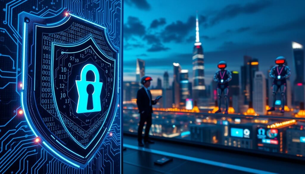 A modern digital fortress representing social media security and privacy technology. In the foreground, a sleek, protective shield made of binary code and circuit patterns, symbolizing digital protection. In the middle ground, cybernetic guardians in professional business attire are engaged in monitoring data streams and safeguarding user information. In the background, a vibrant city skyline is illuminated at dusk, with glowing screens representing various social media platforms. The overall atmosphere is one of vigilance and innovation, with cool blue and warm orange lighting creating a dynamic contrast. The scene should evoke a sense of safety and high-tech advancement, focusing on the concept of a digital stronghold. Use a wide-angle lens for depth and clarity. A modern digital fortress representing social media security and privacy technology. In the foreground, a sleek, protective shield made of binary code and circuit patterns, symbolizing digital protection. In the middle ground, cybernetic guardians in professional business attire are engaged in monitoring data streams and safeguarding user information. In the background, a vibrant city skyline is illuminated at dusk, with glowing screens representing various social media platforms. The overall atmosphere is one of vigilance and innovation, with cool blue and warm orange lighting creating a dynamic contrast. The scene should evoke a sense of safety and high-tech advancement, focusing on the concept of a digital stronghold. Use a wide-angle lens for depth and clarity.