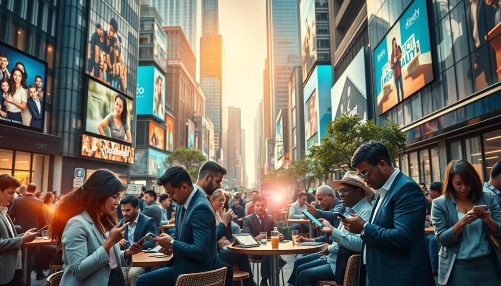 A vibrant urban scene depicting the impact of social media technology on society. In the foreground, a diverse group of professionals in business attire engages with their smartphones and tablets, reflecting a fusion of digital and real-life interactions. The middle ground features a bustling café filled with people discussing and sharing ideas, with graphics of social media icons subtly emerging into the environment, symbolizing connectivity. In the background, modern buildings showcase digital billboards that display engaging social media content, portraying the omnipresence of technology. The lighting is warm and inviting, with a slight lens flare that adds an optimistic feel. The atmosphere is dynamic and energetic, illustrating the profound effects of social media on everyday life and community engagement. A vibrant urban scene depicting the impact of social media technology on society. In the foreground, a diverse group of professionals in business attire engages with their smartphones and tablets, reflecting a fusion of digital and real-life interactions. The middle ground features a bustling café filled with people discussing and sharing ideas, with graphics of social media icons subtly emerging into the environment, symbolizing connectivity. In the background, modern buildings showcase digital billboards that display engaging social media content, portraying the omnipresence of technology. The lighting is warm and inviting, with a slight lens flare that adds an optimistic feel. The atmosphere is dynamic and energetic, illustrating the profound effects of social media on everyday life and community engagement.